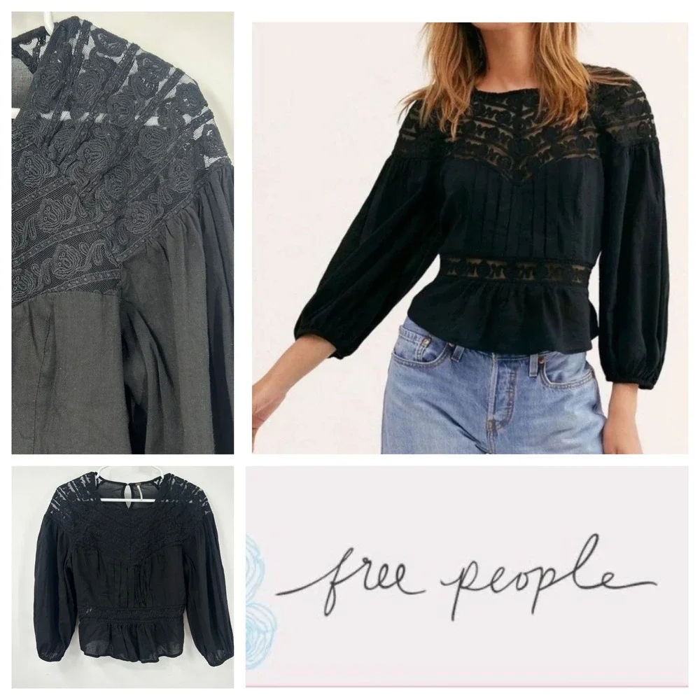 Free People Sweet Mornings Black Lace Blouse Pintuck Peplum Top Small OB852278